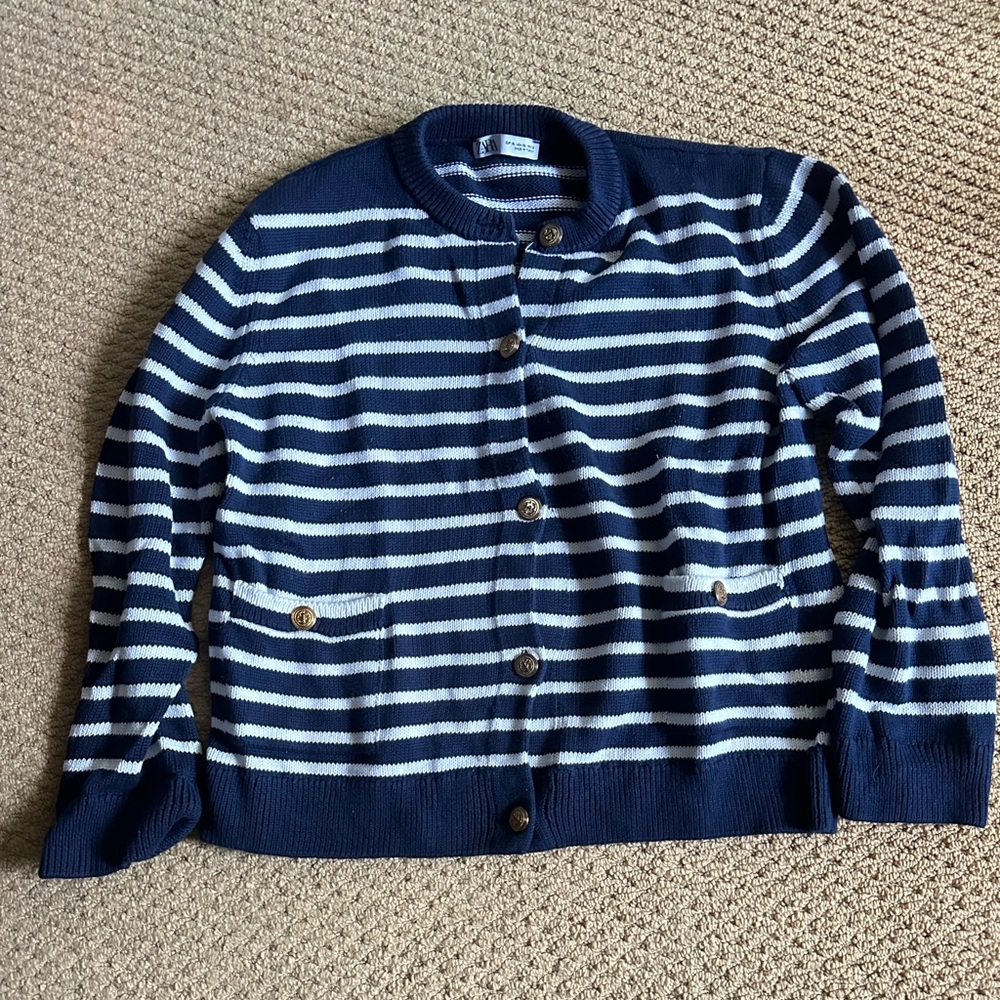 Zara Blue and White Knit Cardigan Sweater